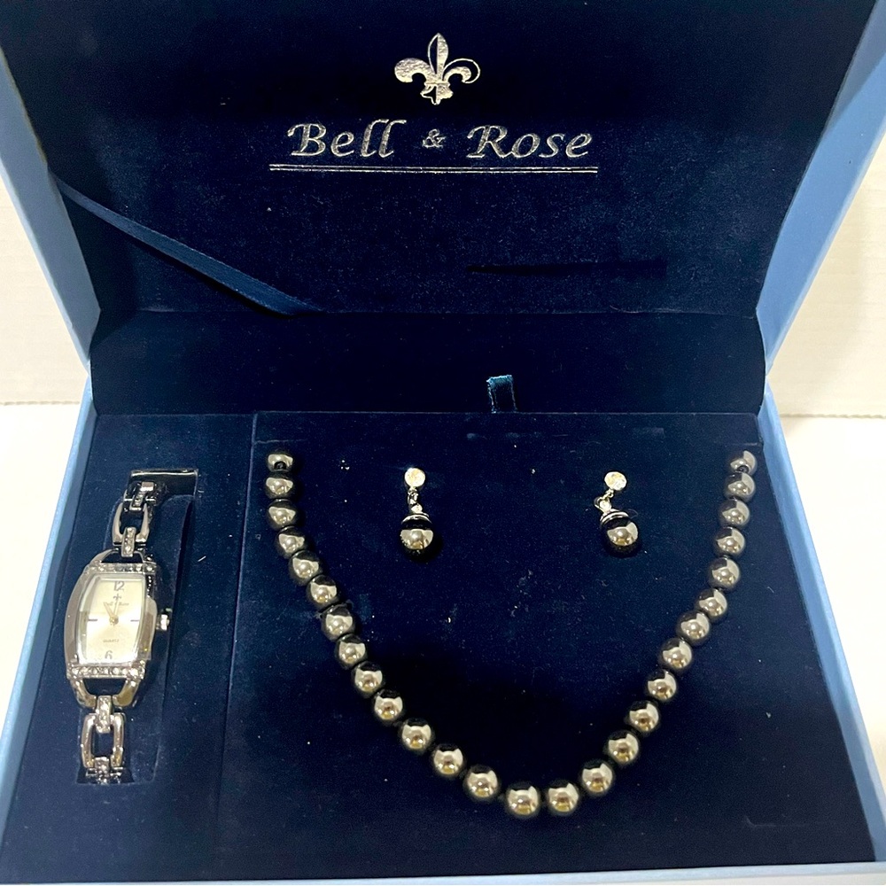 BELL & ROSE Hematite & Crystals Jewelry Earrings, Necklace and Watch Set